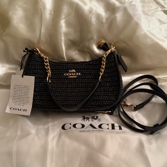 🖤Coach NWT Teri Black Woven Shoulder Bag with crossbody Gold Hardware &Bow Charm - Picture 4 of 7